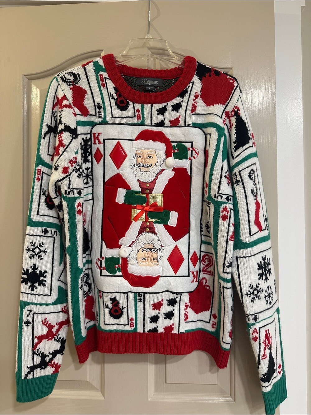 Holiday Santa Playing Card Crewneck Sweater - Red, Green, White